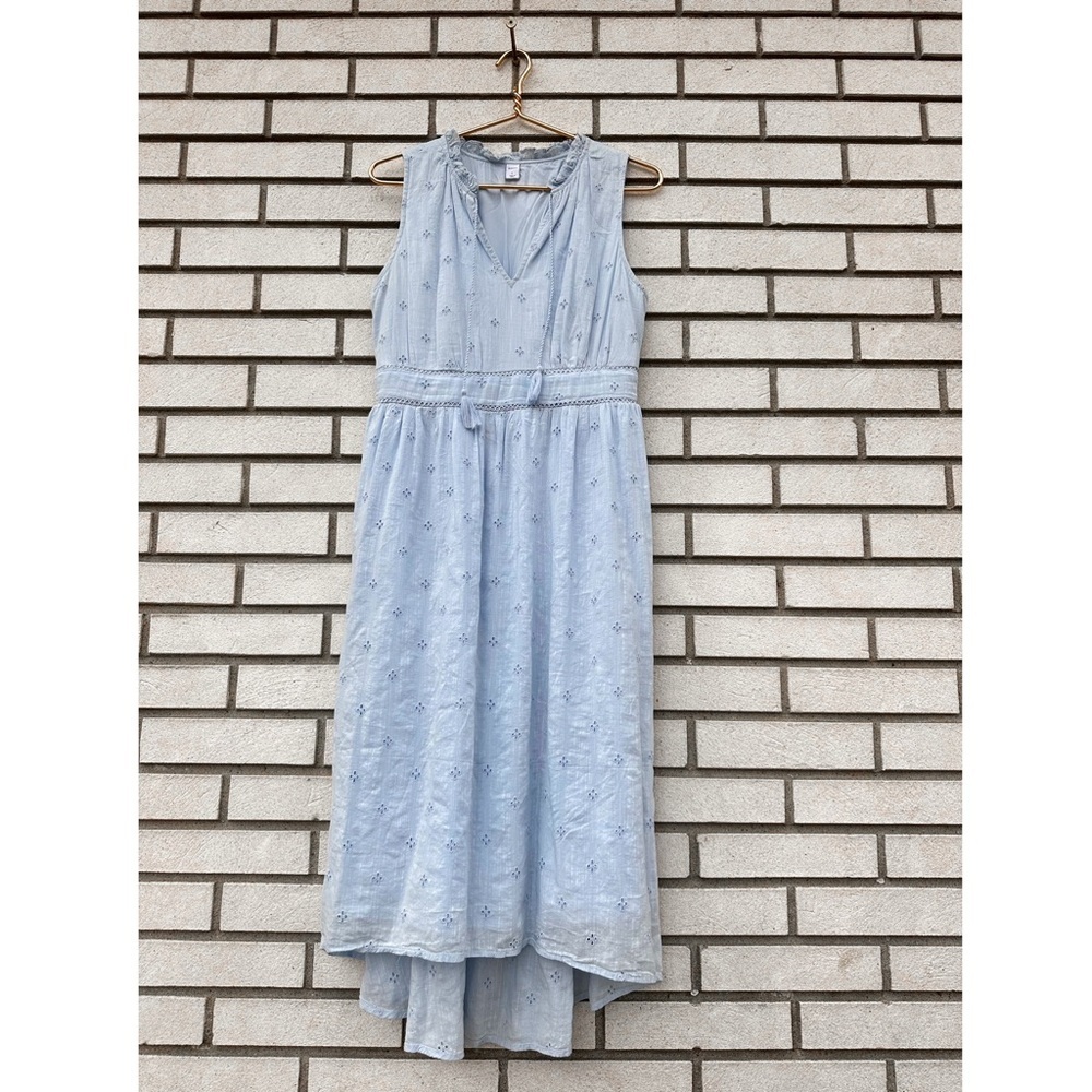 Old Navy Float Your Boat Blue Cutwork Midi Dress Tassel Tie Waist Defined Boho L - Picture 2 of 11